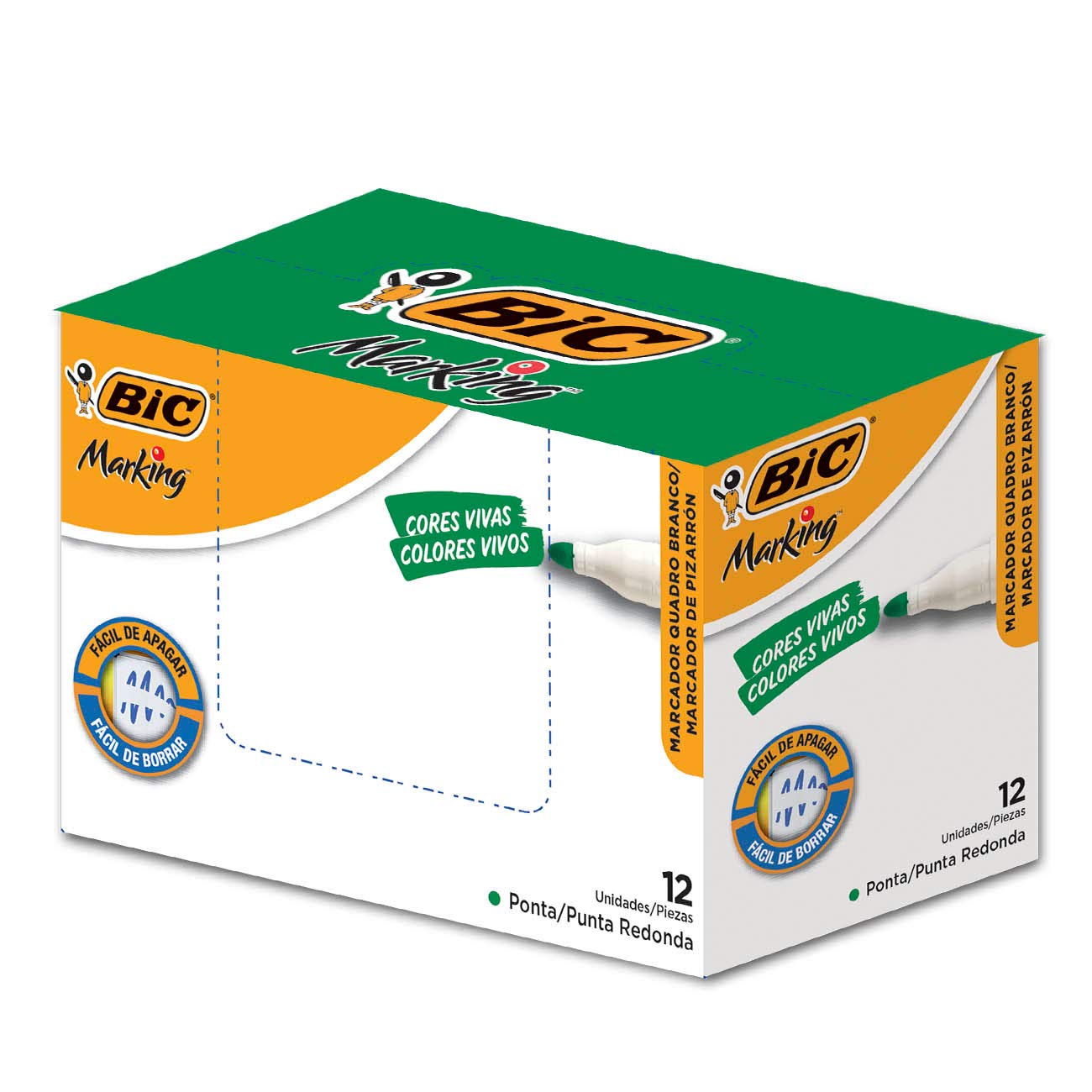Pincel Marcador BIC Marking Recarregável Ponta Redonda Verde – Caixa com 12 unidades